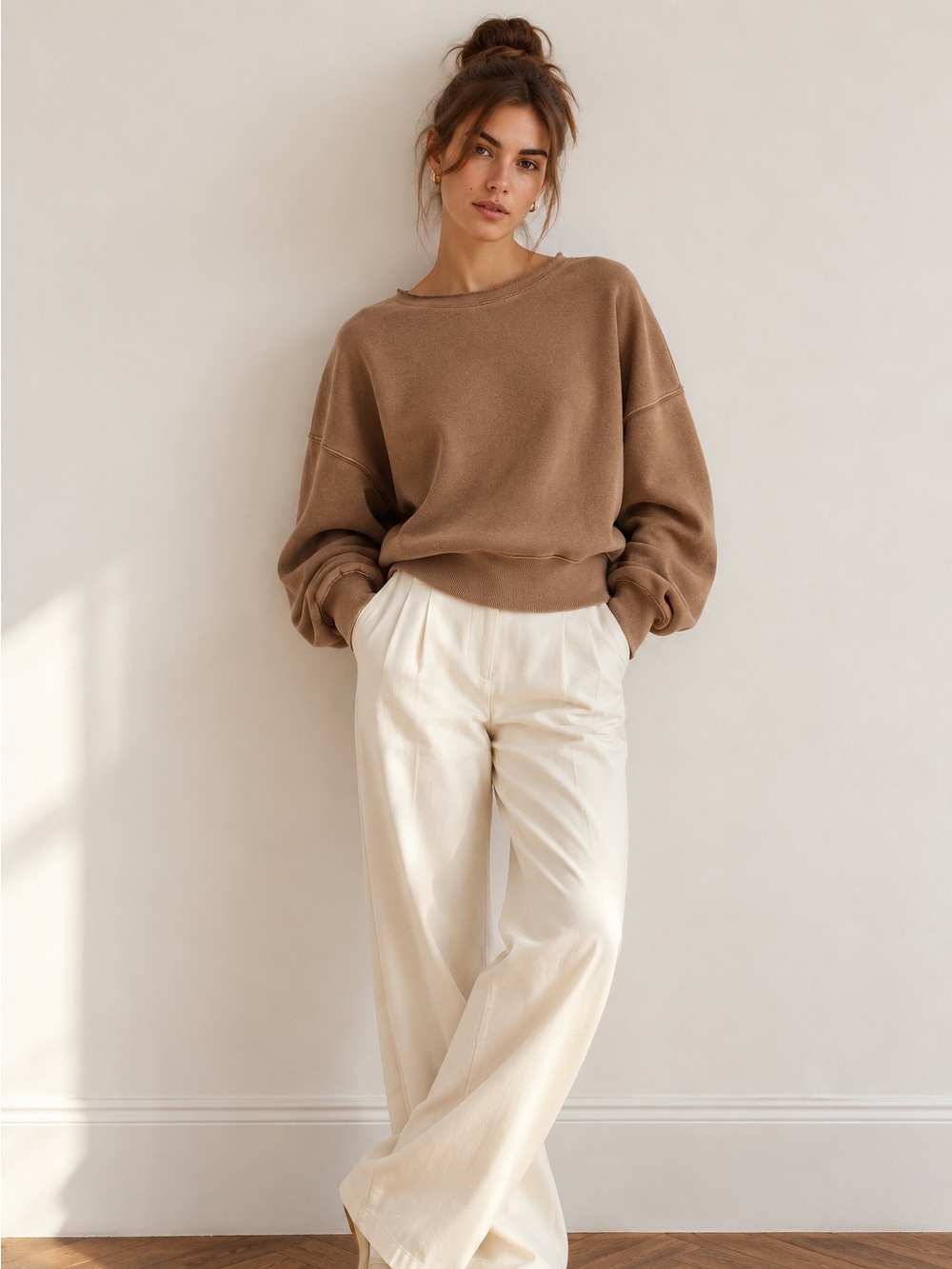 Free People Jojo Pullover Sweatshirt in Brown Cropped Oversized XS